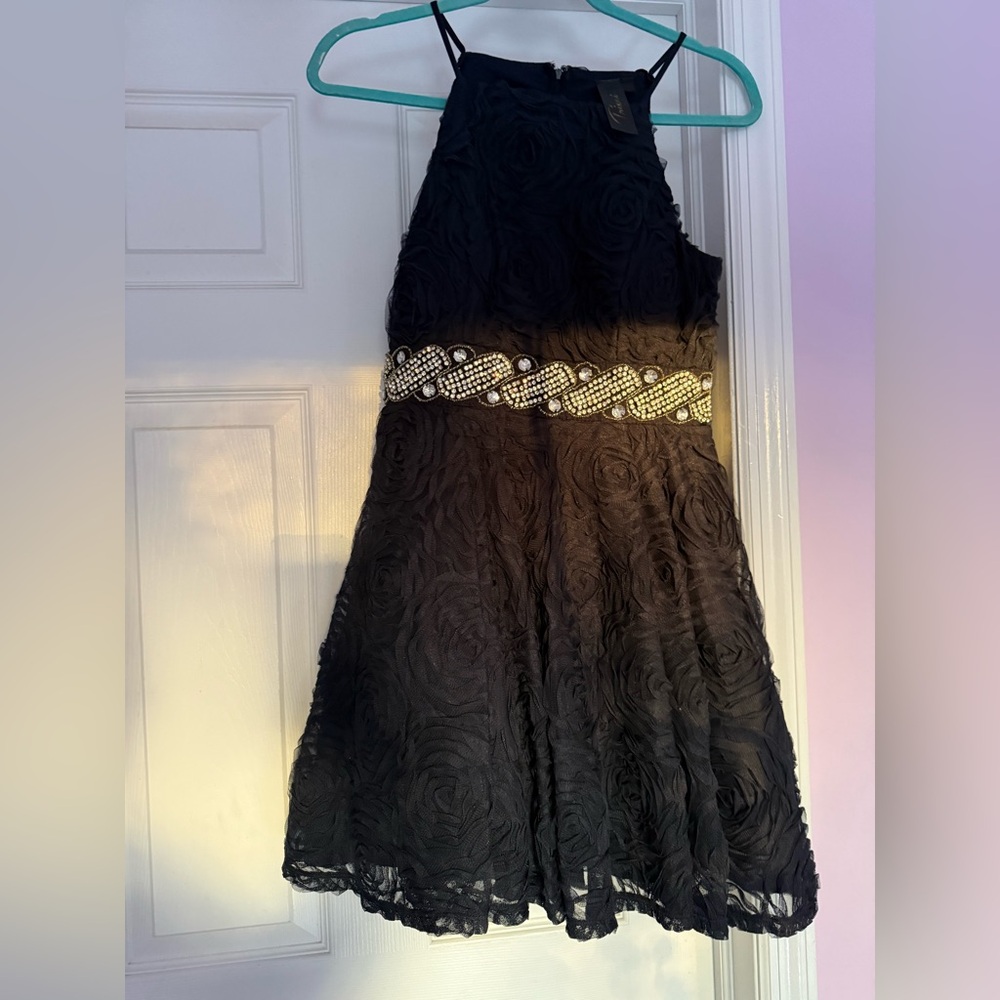 Elegant Navy Halter Dress with Beaded Waist